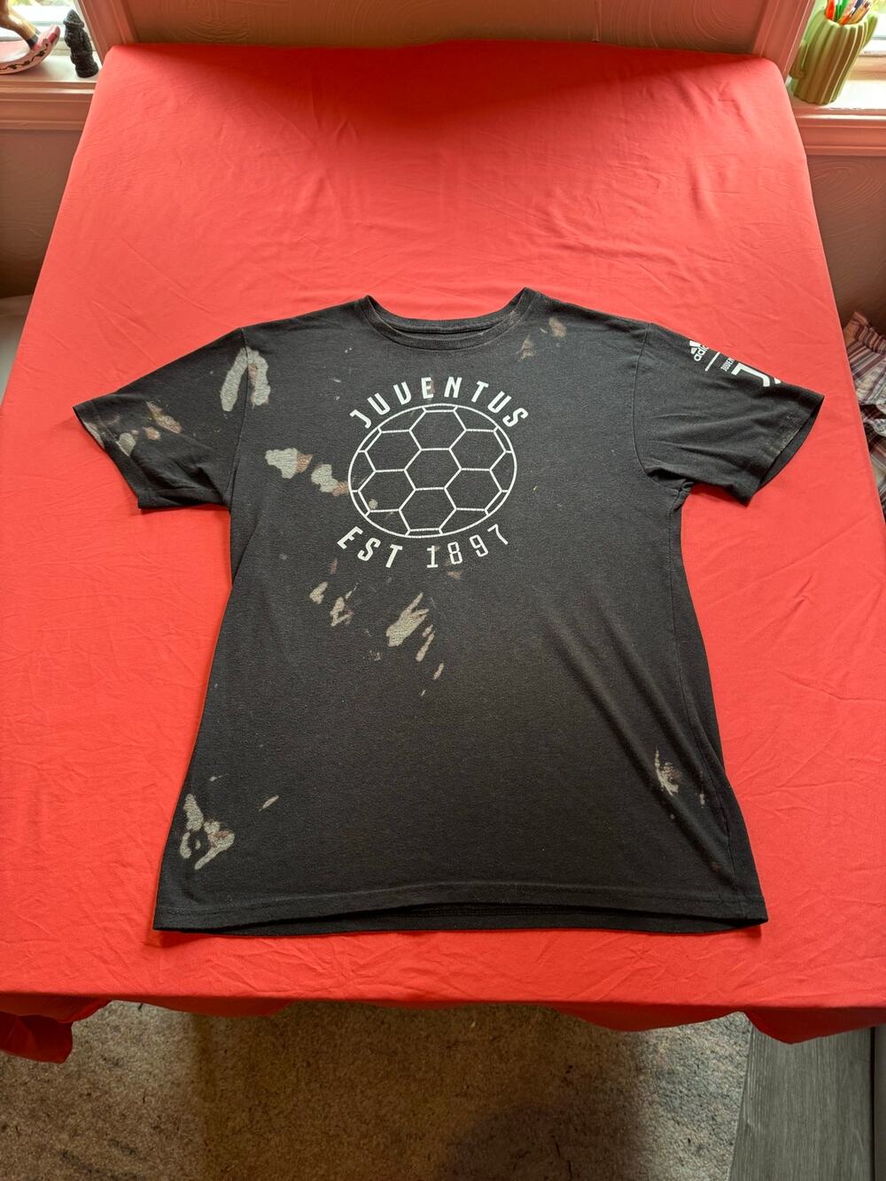 Distressed Adidas Juventus Soccer Tee - Bleach Splatter Grunge (Men's S)